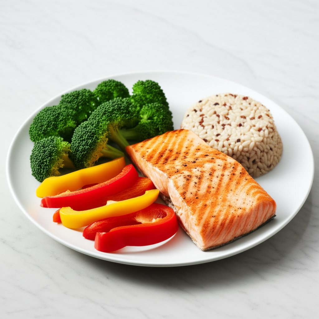 野菜、玄米、魚がバランス良く並んだ食事プレート