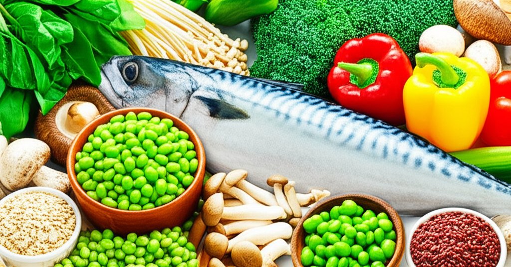 新鮮な野菜、キノコ、魚、豆類が豊富に並べられた食材