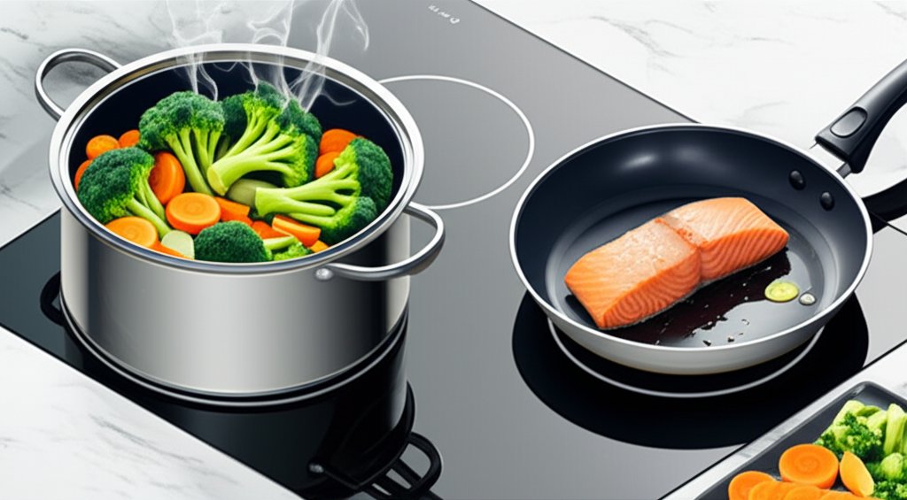 スチーム調理中の野菜とフライパンで焼かれている魚