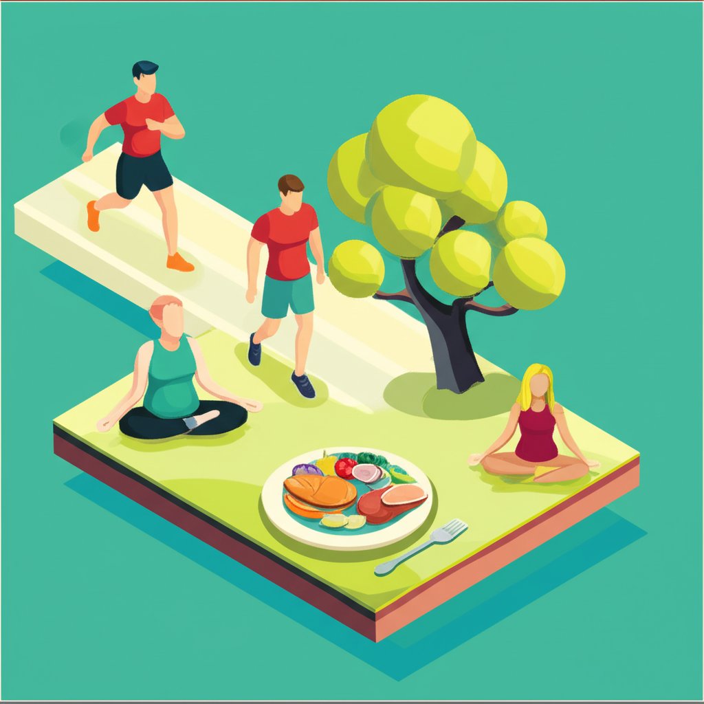 HbA1c改善のための食事、運動、規則正しい生活を示すイラスト