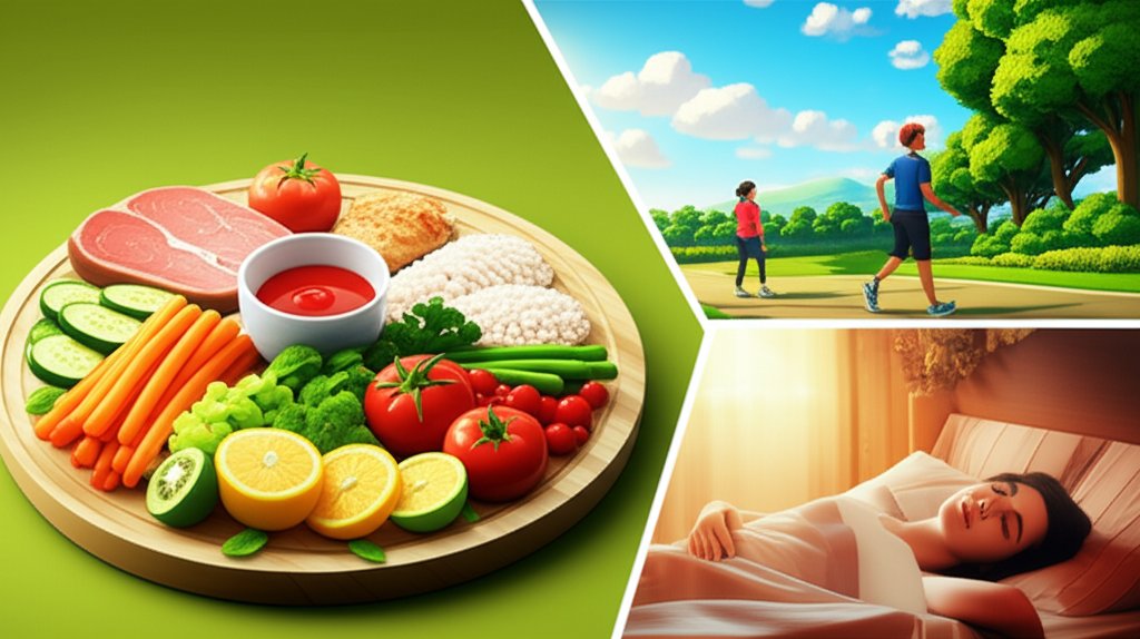 健康的な食事、運動、リラックス、睡眠を示すイラスト。