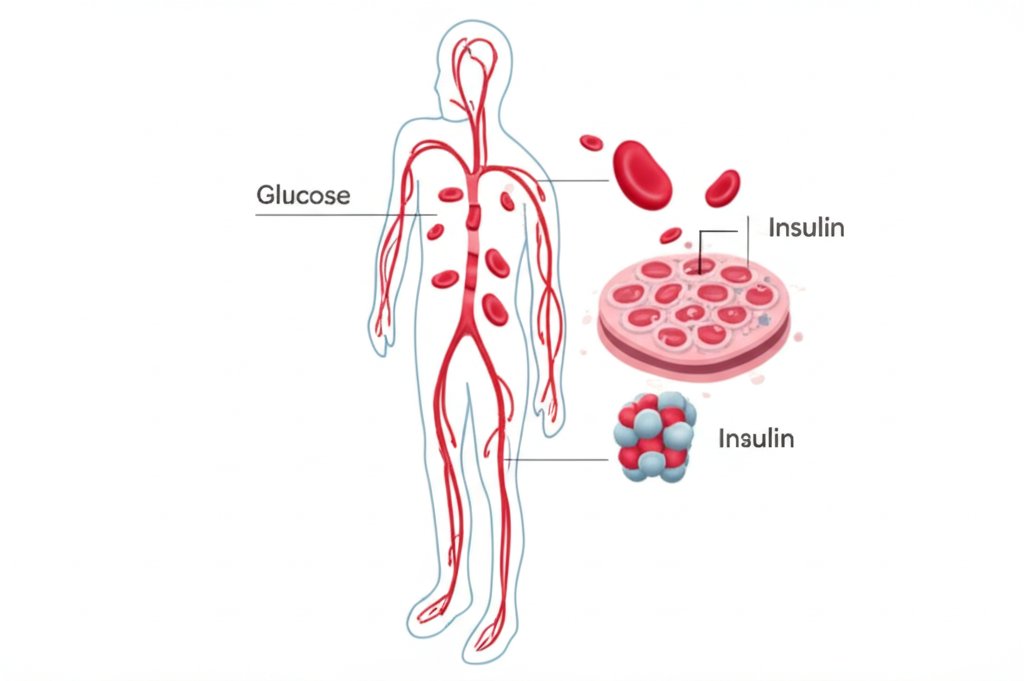 ブドウ糖が血管を流れインスリンが細胞と相互作用する様子