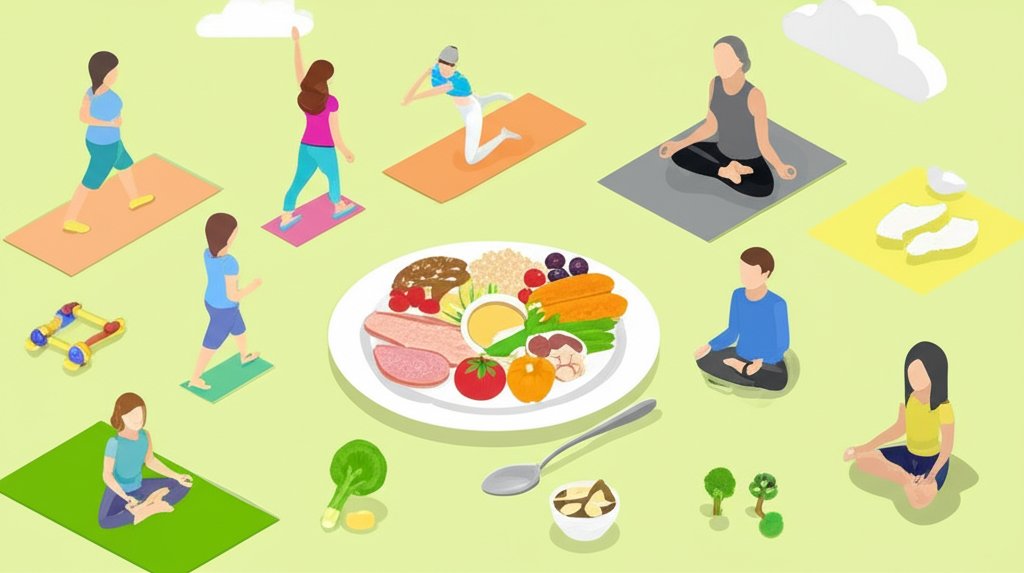 健康的な食事、運動、睡眠、ストレス管理を象徴する要素のコラージュ