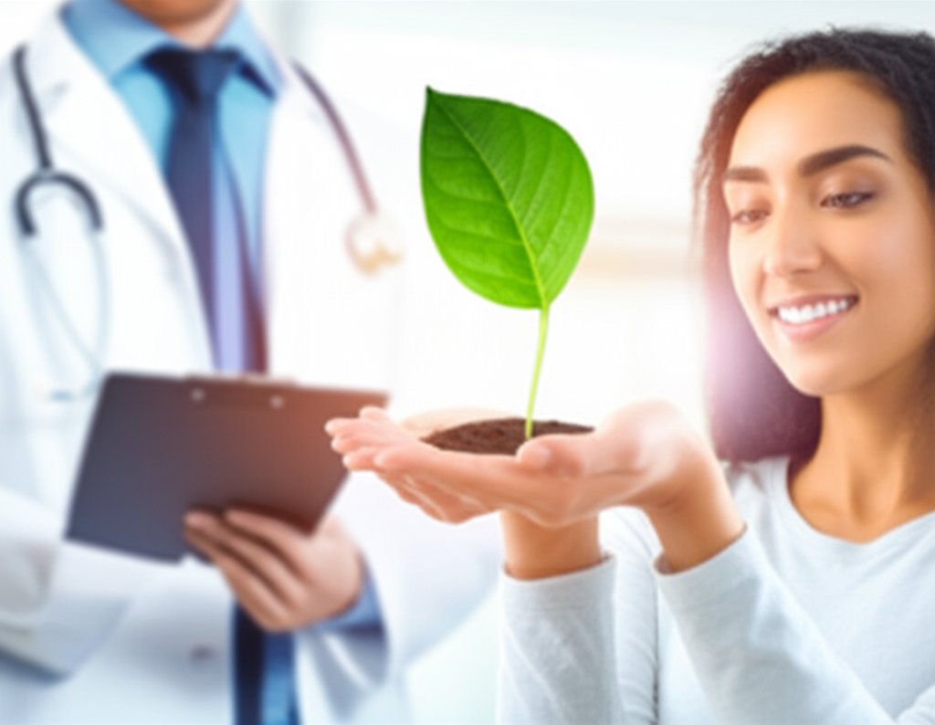 健康と成長を象徴する植物を持つ人と、サポートする医療専門家