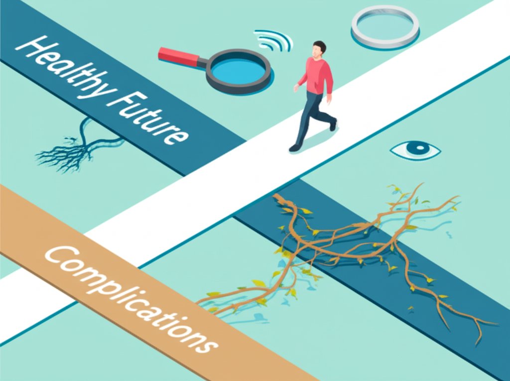 健康な未来への道と合併症のリスクを示す二つの道