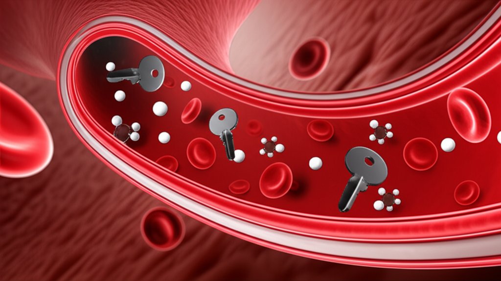 血管の中を流れるブドウ糖とインスリンの分子を描いたイラスト