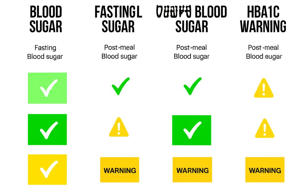 空腹時、食後、HbA1cの血糖値正常範囲を示す明確なグラフ