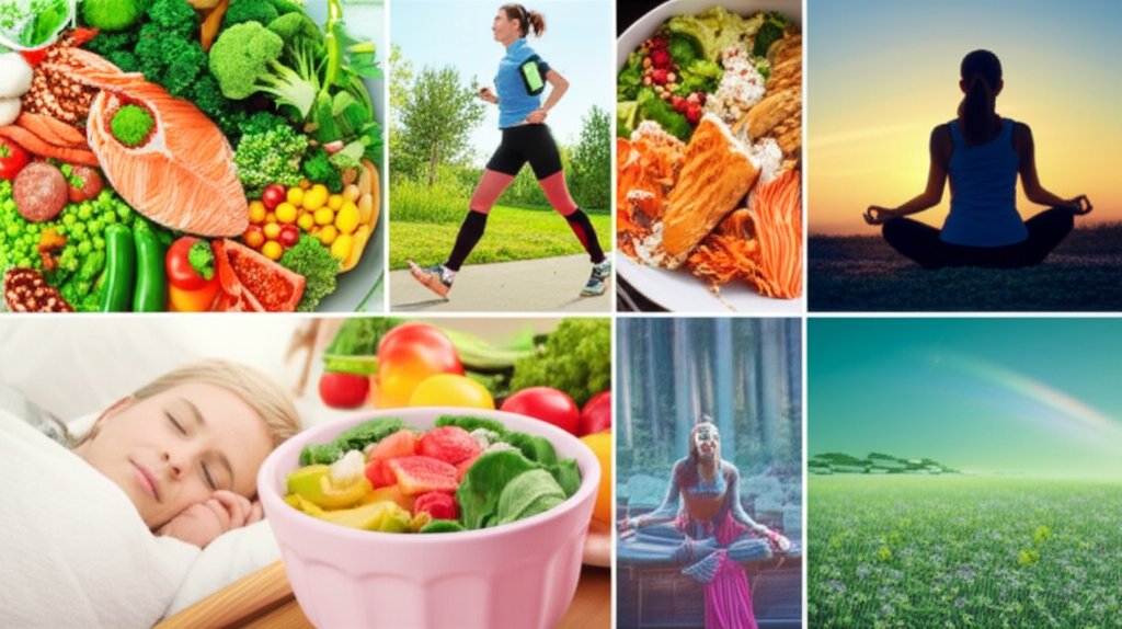 バランスの取れた食事、ウォーキング、瞑想、睡眠の健康的な生活習慣のコラージュ